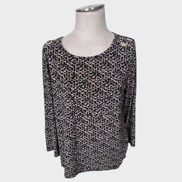 Nine West Womens Large Blouse Polyester Cheetah Print Brown White Black - Picture 1 of 9